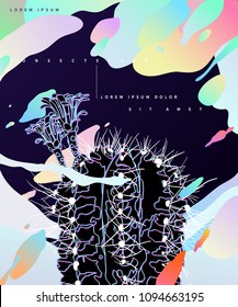 Glitched cactus and space pastel element. modern vintage graphic template