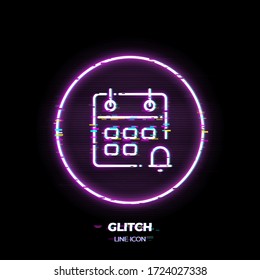 Glitched Calendar line art vector icon. Outline symbol of event reminder. Schedule pictogram made of thin stroke. Isolated on background. 80s cyber punk style