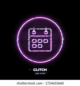 Symbol für Glitched Calendar line Art Vektor. Das Symbol der Erinnerung. Planen Sie Piktogramm aus dünnem Schlaganfall. Im Hintergrund isoliert. Cyber-Punk-Stil der 80er