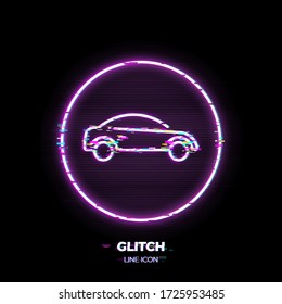 Glitched Car line art vector icon. Outline symbol of vehicle. Sedan automobile pictogram made of thin stroke. Isolated on background. 80s cyber punk style