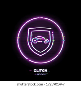 Glitched Car on shield line art vector icon. Outline symbol of vehicle protection. Security pictogram made of thin stroke. Isolated on background. 80s cyber punk style