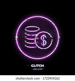 Glitched Cash line art vector icon. Outline symbol of money. Investment pictogram made of thin stroke. Isolated on background. 80s cyber punk style