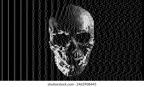 Calavera de línea blanca con ruido CCTV entrecortada. Cráneo en blanco y negro con Ilustración vectorial Scanline VHS Glitch Effect. Símbolo del cráneo humano aislado sobre fondo negro.