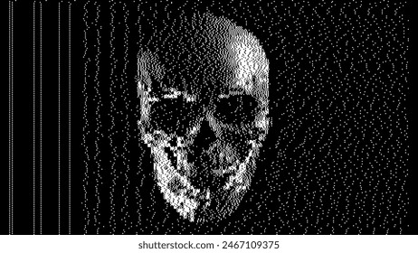 Calavera de línea blanca con ruido CCTV entrecortada. Cráneo en blanco y negro con Ilustración vectorial Scanline VHS Glitch Effect. Símbolo del cráneo humano aislado sobre fondo negro.