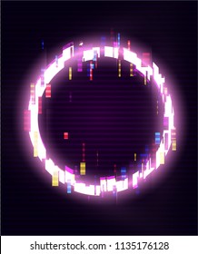 Glitched Circle Frame Design. Distorted Glitch Style Modern Background. Glow Design for Graphic Design - Banner, Poster, Flyer, Brochure, Card. Vector Illustration.