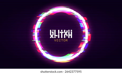 Glitched Circle Frame Design. Distorted Glitch Tech Cyberpunk Y2K Style Modern Background. Game Shape Glow Graphic Design for Digital Banner, Poster, Flyer. Vector Illustration.
