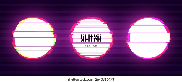 Glitched Circle Frame Design. Distorted Glitch Tech Cyberpunk Y2K Style Modern Background. Game Shape Glow Graphic Design for Digital Banner, Poster, Flyer. Vector Illustration.