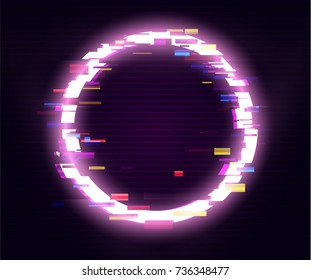 Glitched Circle Frame Design. Distorted Glitch Style Modern Background. Glow Design for Graphic Design - Banner, Poster, Flyer, Brochure, Card. Vector Illustration.