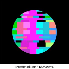 Glitched circle on dark background. Design template for logotype in vaporwave/ cyberpunk retrofuturistic style.