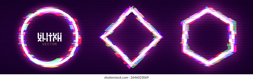Glitched Circle Rhombus Hexagon Frames Design. Distorted Glitch Tech Cyberpunk Y2K Style Modern Background. Game Shape Glow Graphic Design for Digital Banner, Poster, Flyer. Vector Illustration.