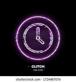 Glitched Clock line art vector icon. Outline symbol of time. Watch pictogram made of thin stroke. Isolated on background. 80s cyber punk style