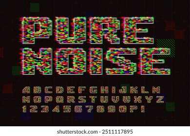 Glitched colorful RGB dots alphabet design, noisy text effect. Vector illustration 