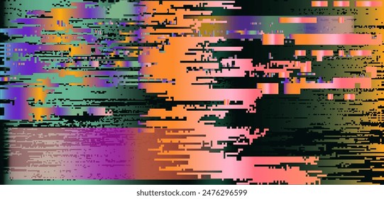 Glitched computer screen with ambient pixel noise and colorful gradients all over the image. Vector abstract background.