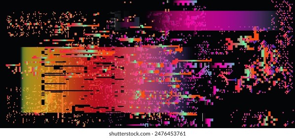 Glitched computer screen with pixel noise and colorful gradients.