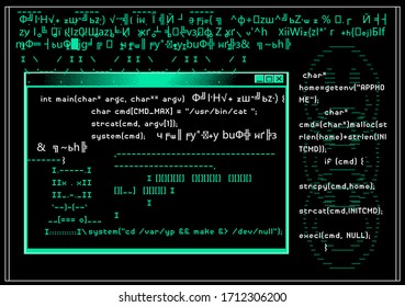 Glitched computer screen with random broken encoding, ascii art and console window like in retro PC of 80s-90s. Concept of ransomware, Code Injection and cyber security.