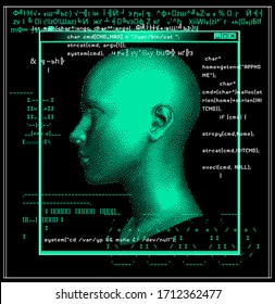 Glitched computer screen with random broken encoding and anonymous face. Console window like in retro PC of 80s-90s. Concept of ransomware, Code Injection and cyber security.