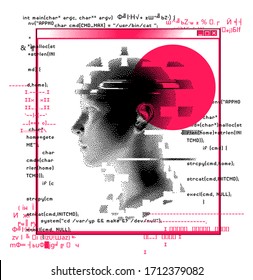 Glitched computer screen with random broken encoding and anonymous face. Console window like in retro PC of 80s-90s. Concept of ransomware, Code Injection and cyber security.