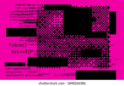 Glitched computer screen with random pixel noise and broken code strings. Conceptual illustration of malware and virus hacker attack.