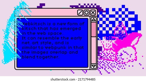 Glitched computer screen with retro user interface elements, pop up message box. Webkitsch and webpunk style vector illustration.