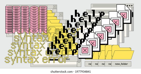 Glitched computer screen. Vector illustration in vaporwave and glitchcore style.