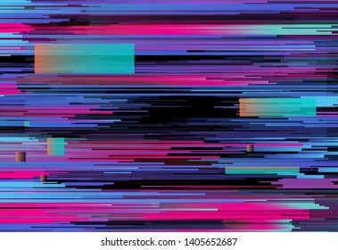Glitched computer or TV screen with VHS broken pixels effect. Random noise, chaotic irregular neon colorful surface. Vaporwave/ retrowave/ synthwave style abstract vector background.