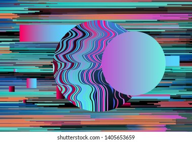 Glitched computer or TV screen with VHS broken pixels effect. Random noise, chaotic irregular neon colorful surface of defaced data. Vaporwave/ retrowave/ synthwave style abstract vector background.