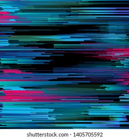 Glitched computer or TV screen with VHS broken pixels effect. Random noise, chaotic irregular neon colorful surface. Vaporwave/ retrowave/ synthwave style abstract vector background.