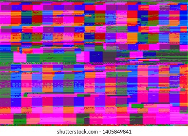 Glitched computer or TV screen with VHS broken pixels effect. Random noise, chaotic irregular neon colorful surface. Vaporwave/ retrowave/ synthwave style abstract vector background.