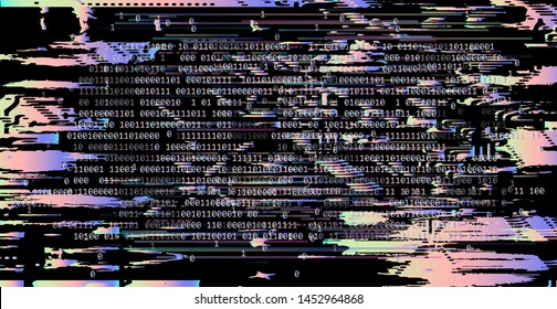 Glitched comuter screen with holographic broken pixels. Glitch art futuristic vector illustration in cyberpunk style.