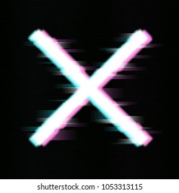 Glitched cross or X Design. Distorted Glitch Style. Vector illustration design.