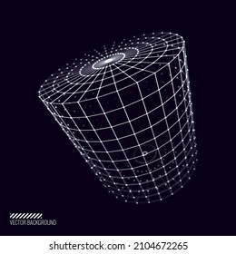Glitched Cyberpunk 3D Cylinder Shape. 3D Grid Geometry for Retrowave Vaporwave Synthwave Style Graphic Design. Old Cyberpunk 80s-90s Aesthetic Virtual Reality Concept. Vector Illustration.