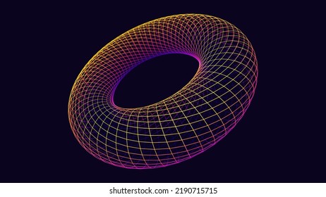 Glitched Cyberpunk 3D Torus Shape. Colorful 3D Donut Grid Geometry for Retrowave Vaporwave Synthwave Style Graphic Design. Old Cyberpunk 80s-90s Aesthetic Virtual Reality Concept. Vector Illustration.