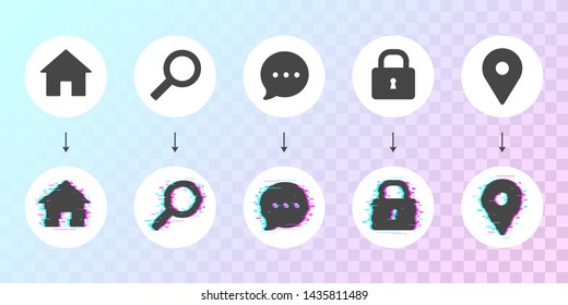 Glitched dashboard icon set with two behavior actions. Business theme vector. Regular flat icons with glitch version on light gradient background.