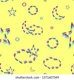 Glitched and dashed outline clouds, stars, moon seamless pattern vector design. For kids room or textile. 