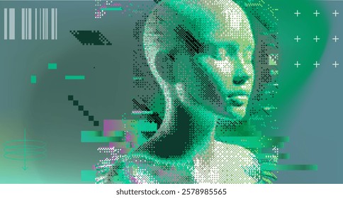 Glitched and decomposed face of a human on the textured and pixelated green background. Art collage for poster design and illustration.