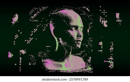 Glitched and decomposed face of a human on the textured and pixelated background. Art collage for poster design and illustration.