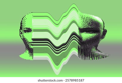 Glitched and decomposed face of a human with textured and pixelated defects. Art collage for poster design and illustration.