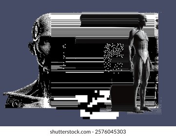 Glitched and decomposed figure of a human on the textured and pixelated background. Art collage for poster design and illustration.