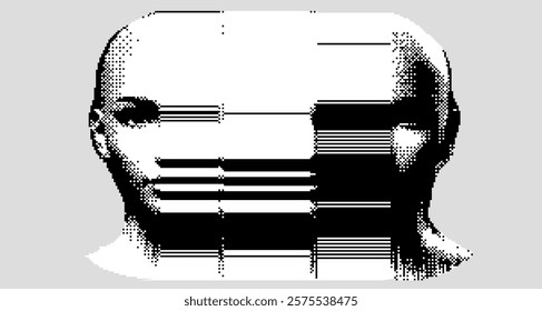 Glitched and decomposed image of a human face made of pixel particles and resembling a bar code. Conceptual image of an AI personage in a virtual reality.