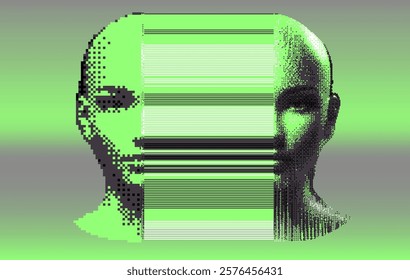 Glitched and decomposed image of a human face made of pixel particles and resembling a bar code. Conceptual image of an AI personage in a virtual reality.