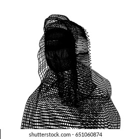 Glitched defaced digital portrait from lines. Silhouette of woman.