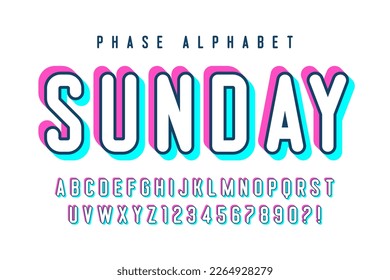 Glitched display alphabet design, typeface, letters and numbers, typography. Swatches color control