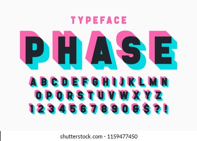 Glitched display font design, alphabet, typeface, letters and numbers, typography. Swatches color control
