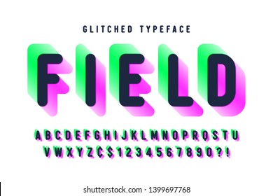 Glitched display font design, alphabet, typeface, letters and numbers, typography. Swatches color control