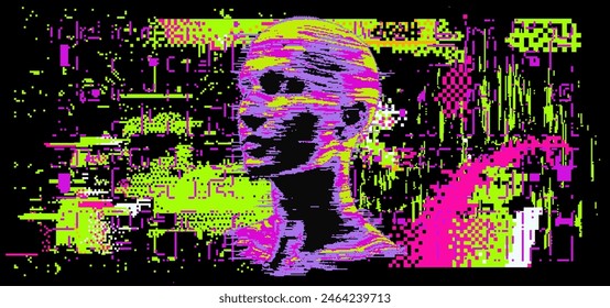 Glitched distorted 3D human face on a dark background. Conceptual vector illustration on the topic of virtual reality and technology.