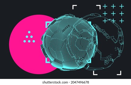 Glitched and distorted 3D sphere wireframe. Abstract geometric vector illustration. 