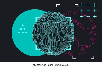 Glitched and distorted 3D sphere wireframe. Abstract geometric vector illustration. 