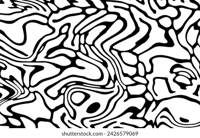 Glitched distorted abstract black and white geometric background with curved lines, optical art style pattern. 