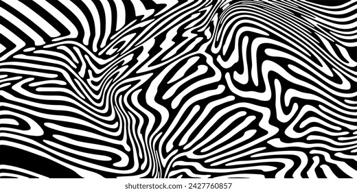 Glitched distorted abstract monochrome geometric background with curved lines, optical art style pattern. 