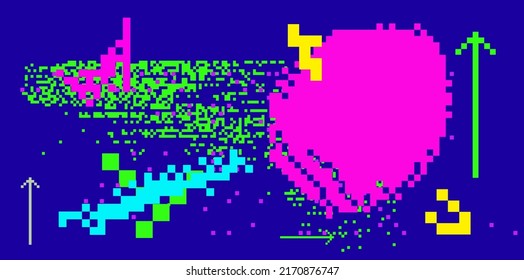 Glitched and distorted background with pixel mosaic.